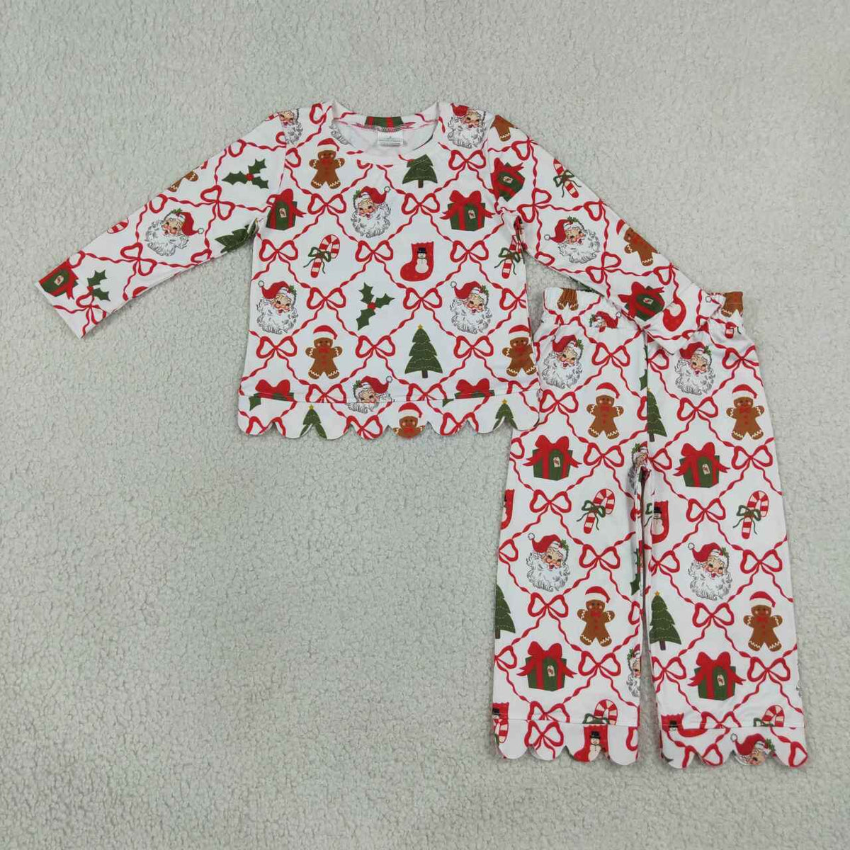NEW RTS NO MOQ milk silk GLP3447 Baby Girls Santa Tree Plaid Bow Long Sleeve Top Flared Pants Sets