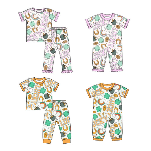 11.3 custom each style moq 5eta 4-6week Sibling Sister lucky baby girl sets 1 and sets 2 and boy rompers and girl romper match family design