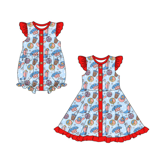 11.27 custom each style moq 5eta 4-6week Sibling Sister 4th of july baby girl short sleeve dress and rompers match family design