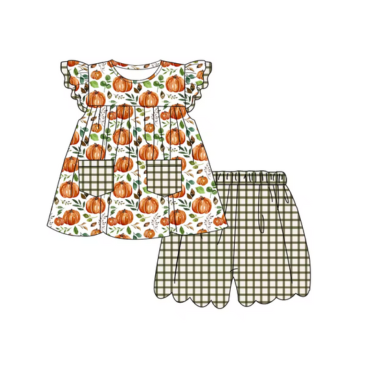 5.10custom each style moq 5eta 4-5week Sibling Sister pumpki prints green girls jumpsuits and dress and baby romper match family design