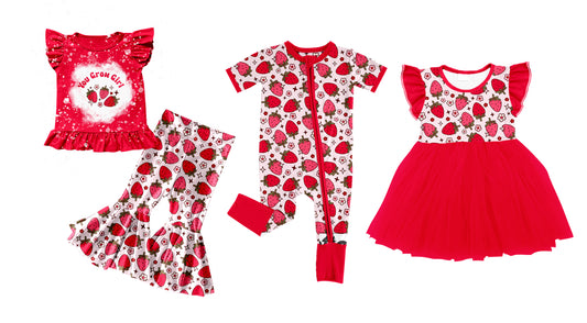 12.4 custom each style moq 5eta 4-6week Sibling Sister strawberry baby girl sets and dress and rompers match family design