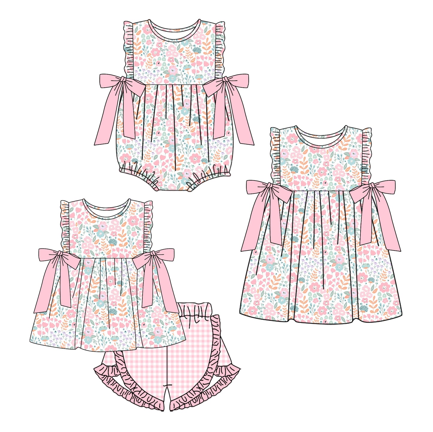 11.13 custom each style moq 5eta 4-6week Sibling Sister floral baby girl short sleeve shorts sets and dress and rompers match family design