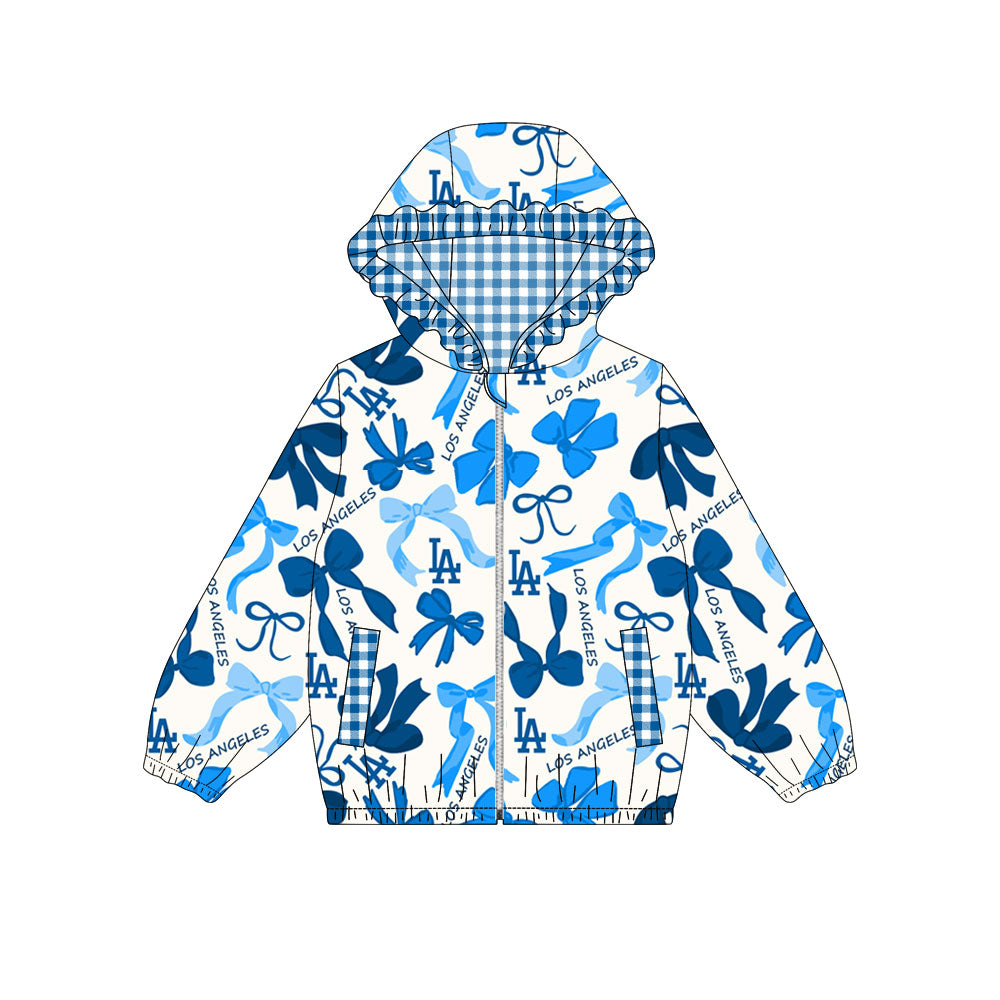 Custom moq 8 mix size milk silk summer team baby girls clothes bow blue hooded long sleeve top-25.9.19