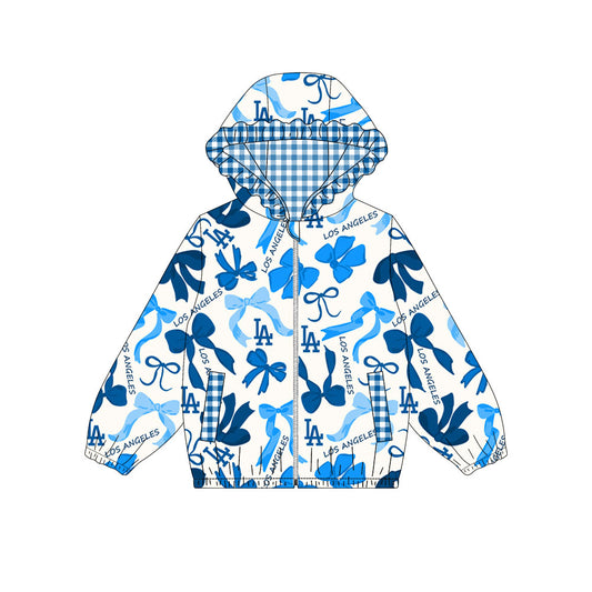 Custom moq 8 mix size milk silk summer team baby girls clothes bow blue hooded long sleeve top-25.9.19