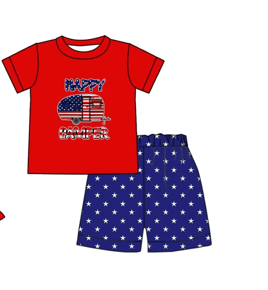 5.17custom each style moq 5eta 4-5week Sibling Sister HAPPY CAMPER print red girls and boys outfits and baby romper match family design