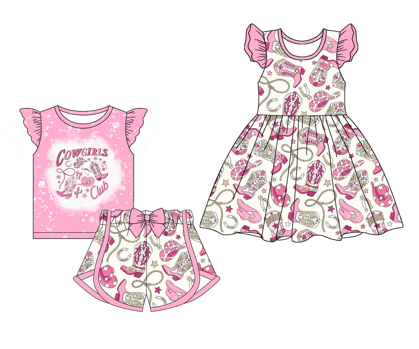 2.10 custom each style moq 5eta 4-6week Sibling Sister cowgirl baby girl short sleeve shorts sets and dresses match design