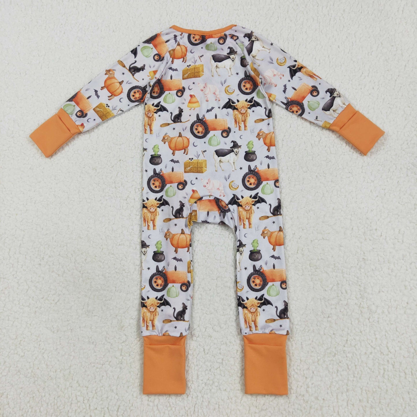 RTS NO MOQ（In Stock) LR2444 Halloween Farm Animal Tractor Orange and Gray Zippered Long-Sleeved Bodysuit