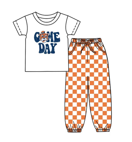 Custom summer teams baby boy clothes team GAME DAY orange plaid short sleeve pants sets-25.8.29