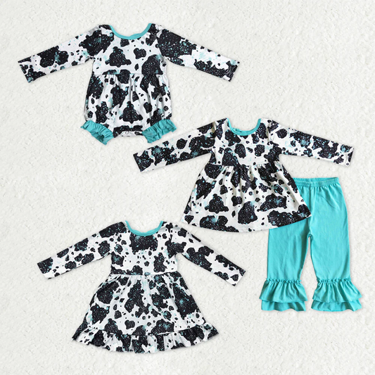 RTS NO MOQ Sibling Baby girl clothes cow pattern long-sleeved trousers suit & rompers and dress
