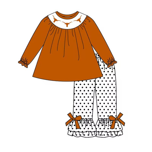 Custom moq 3 tat about 6-8 weeks team baby grils clothes brown long sleeve and long pants suit