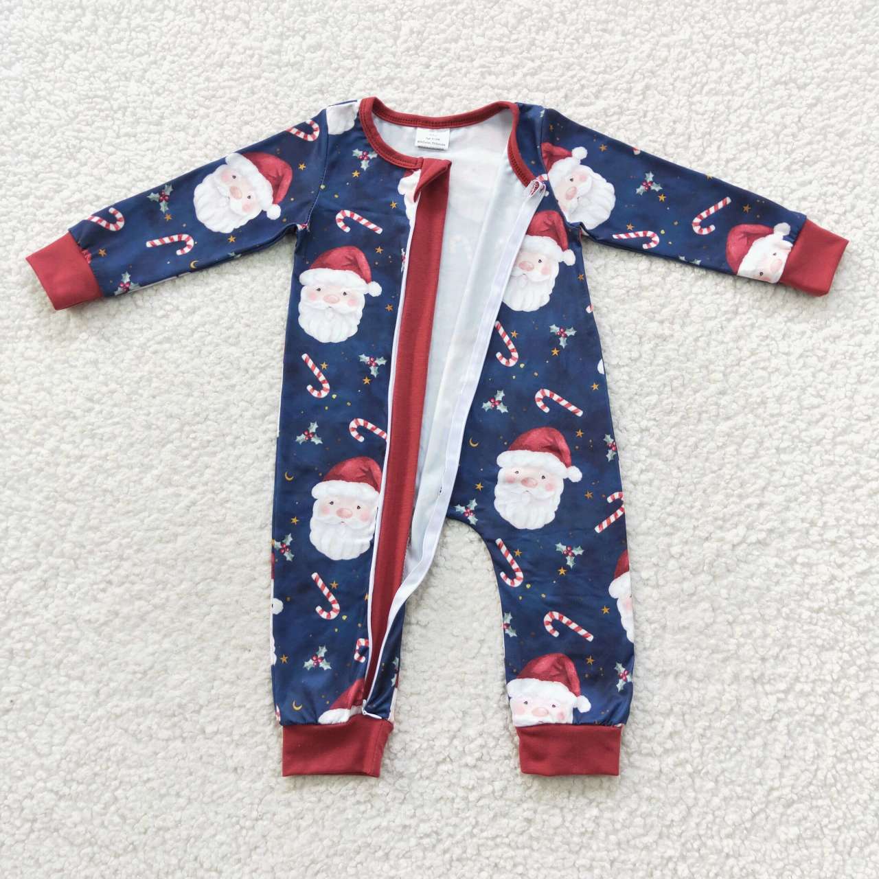 RTS NO MOQ（In Stock ) LR0498 Candy Cane Santa Navy Blue Zipper Long Sleeve Onesie