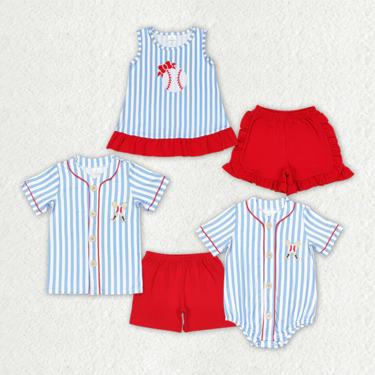 RTS NO MOQ Baby Girls Blue Stripes Baseball Sibling Summer Rompers Clothes Sets embriobery  style
