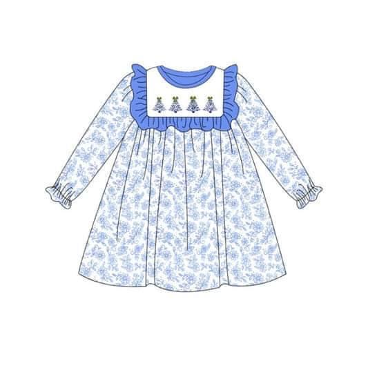 Custom moq 3 eta 6-8weeksBlue flower Christmas tree summer long sleeve dress