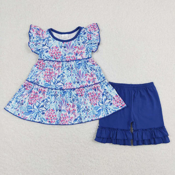 RTS Baby Girls Navy Flowers Tunic Shorts Summer Clothes Sets