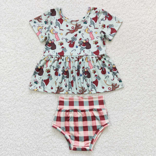 GBO0187 girl green short-sleeved plaid briefs suit