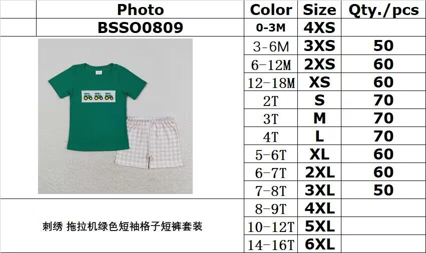 rts no moq  BSSO0809 Embroidered tractor green short-sleeved plaid shorts set