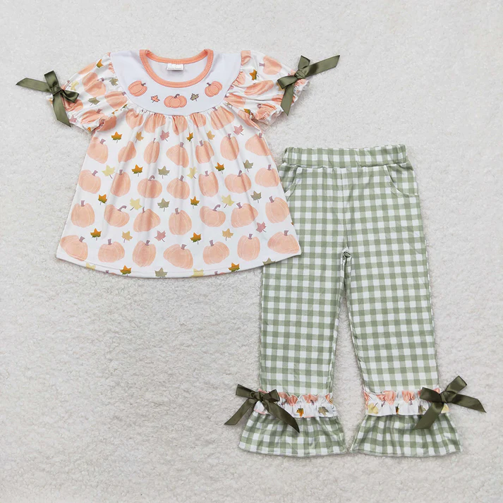 RTS NO MOQ Kids Fall Pumpkins Orange Sibling Rompers Outfits Clothes Sets