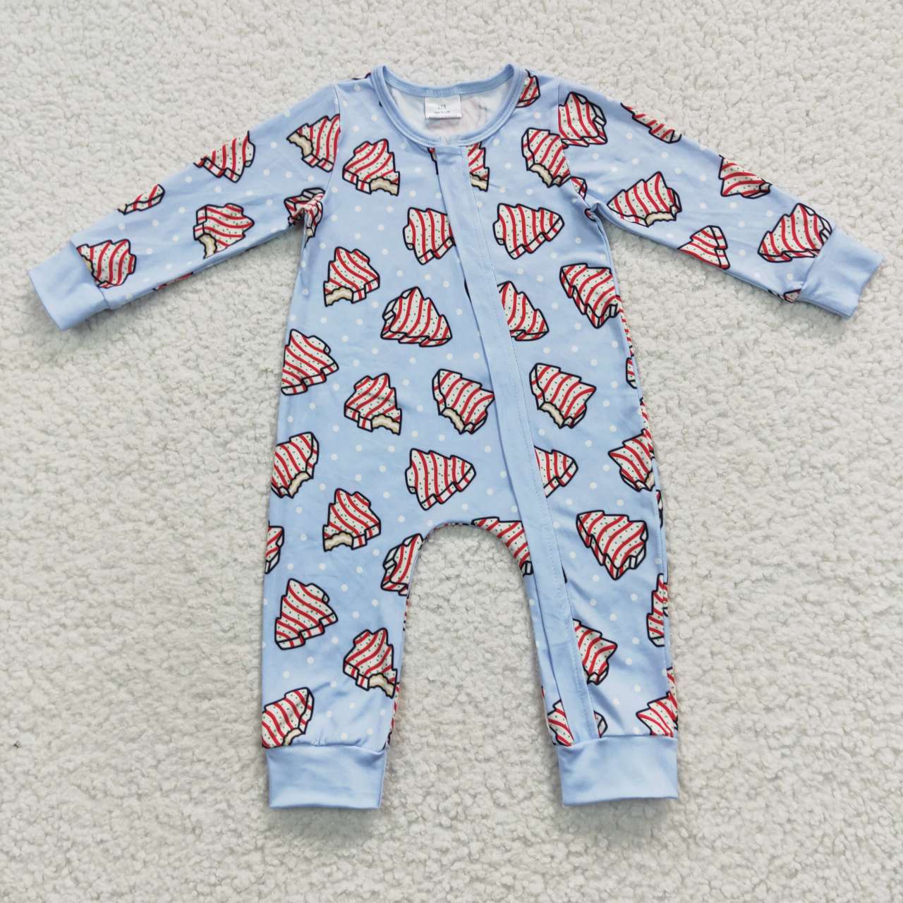 RTS NO MOQ（In Stock ) LR0345 Christmas Tree Cookie Polka Dot Light Blue Zipper Long Sleeve Bodysuit