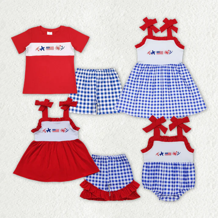 RTS NO MOQ Baby Girls 4th Of July Flag Sibling Boys Rompers Shorts Clothes Sets