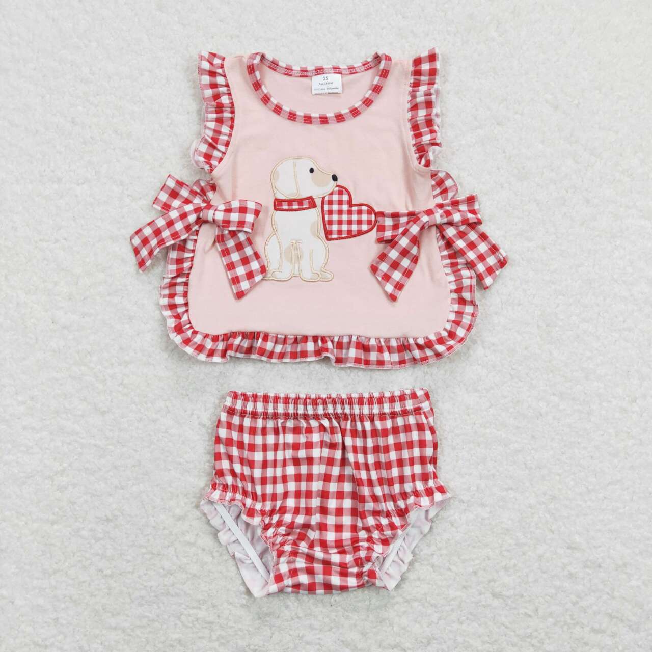 RTS NO MOQ（In Stock) GBO0230 Embroidered love puppy lace bow pink top red and white plaid briefs set