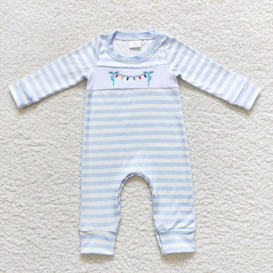 LR0583 Embroidered lantern blue and white striped long-sleeved jumpsuit
