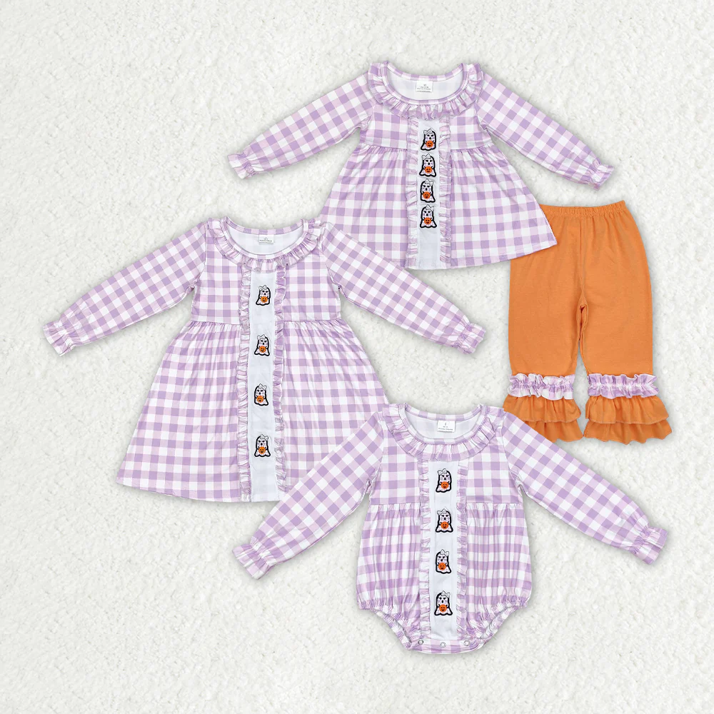 RTS NO MOQ ETA 5-7DAYS Embroidery witch Lavender Checkered Ghost Halloween Clothes Sets