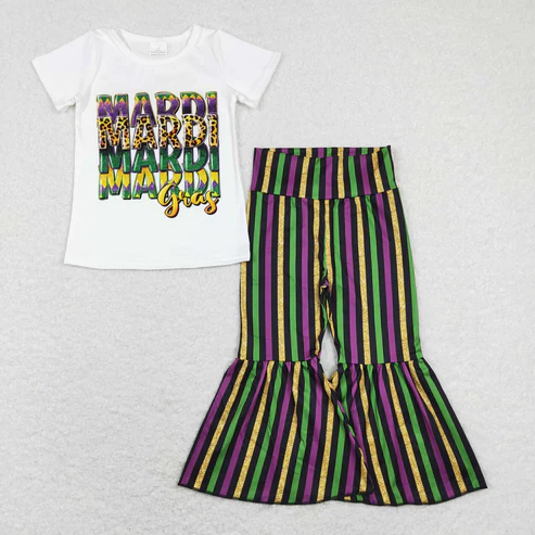 RTS NO MOQ Sibling Baby Girls Mardi Gras Top And Bell Bottom Stripe Pants for Infants