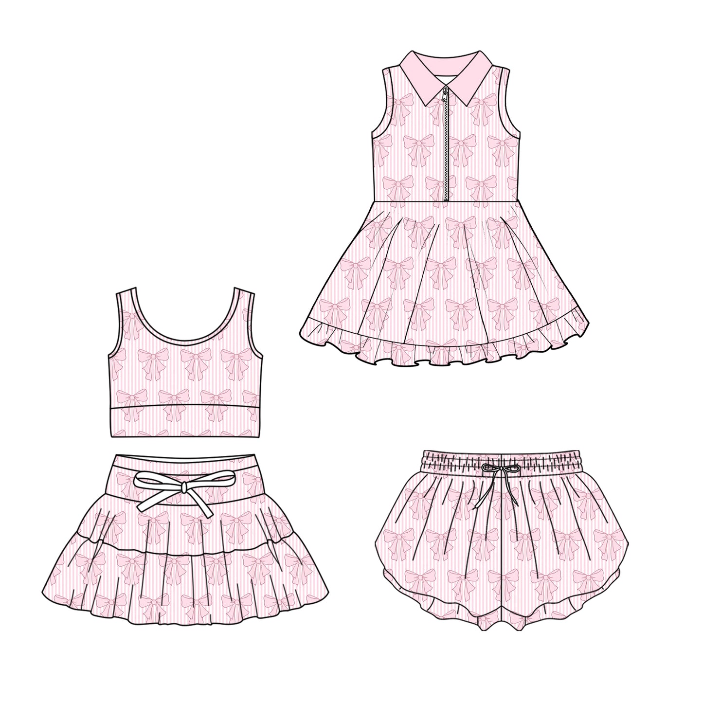 Custom moq 5 mix size Sibling Pink Bow Print Sleeveless Zip-Up Dress Baby Girls' Yoga Outfit with Skirt And Shorts