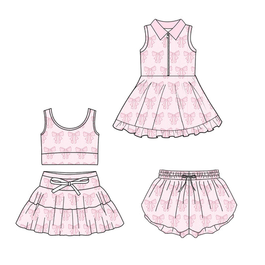 Custom moq 5 mix size Sibling Pink Bow Print Sleeveless Zip-Up Dress Baby Girls' Yoga Outfit with Skirt And Shorts