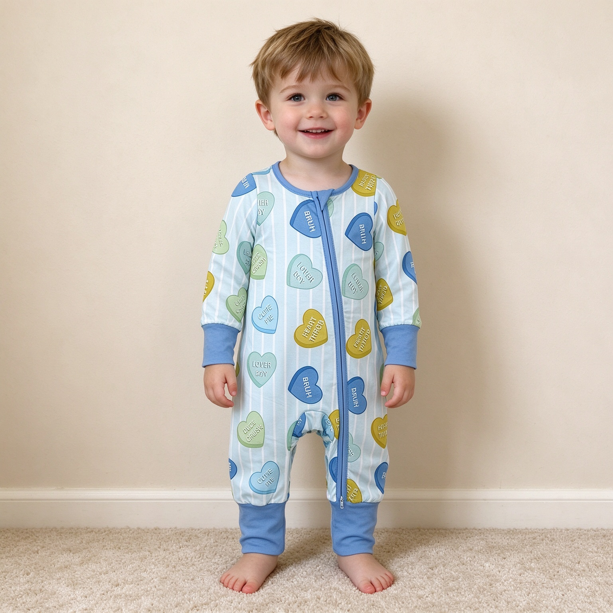 NEW RTS NO MOQ milk silk LR3326 Baby Boys Blue Stripe LOVE YOU Hearts Print Long Sleeve Two Way Zip Convertible Valentines Rompers