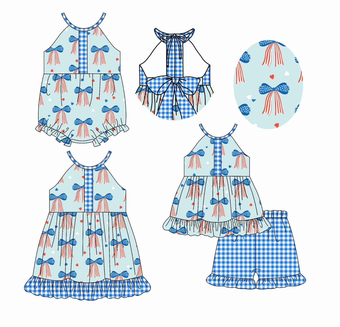 2.20 custom each style moq 5eta 4-6week Sibling Sisters bow baby girl short sleeve shorts sets and dress and rompers match family design