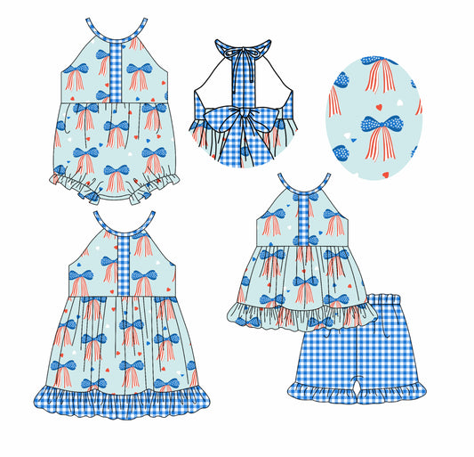 2.20 custom each style moq 5eta 4-6week Sibling Sisters bow baby girl short sleeve shorts sets and dress and rompers match family design