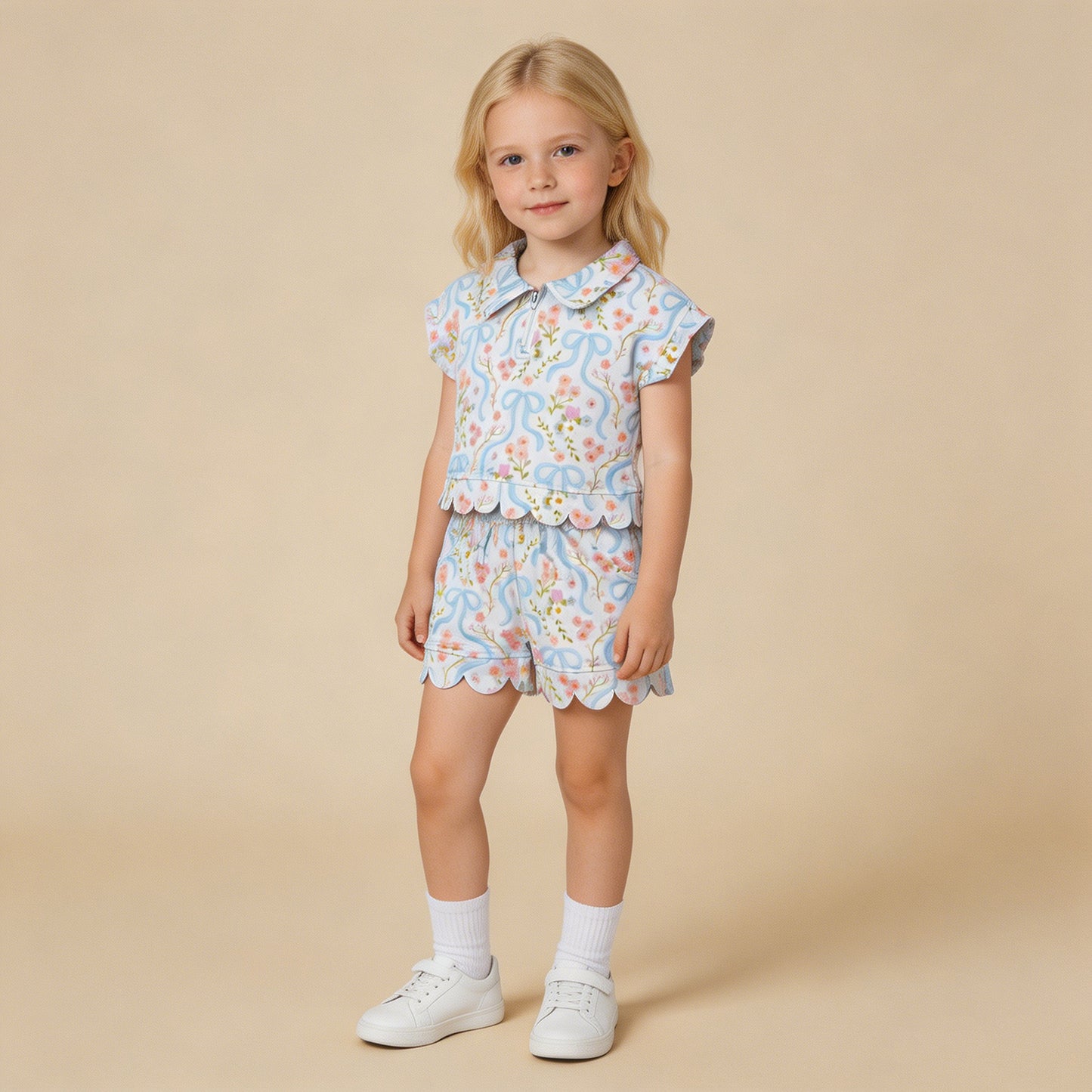 RTS NO MOQ milk silk GSSO3575 Toddler Girls Bow Floral Zip Pullover With Pockets Scallop Short Set