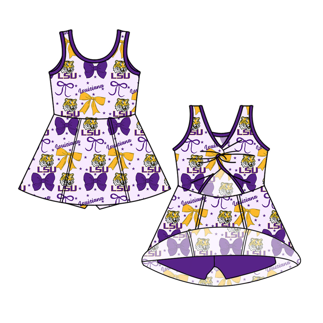 Custom moq 5 mix sizes summer teams baby girls clothes team baseball bow purple sleeveless skirt shorts dress-25.6.14