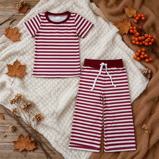NEW RTS NO MOQ milk silk GSPO2384 Baby Girls Short Sleeve Maroon Stripe Top Straight Pant Pajamas Clothes Set Night Sleep Wear