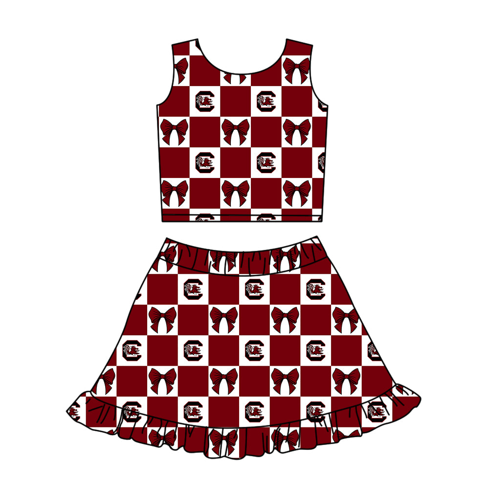 Custom moq 3 or 5 mix size milk silk summer teams baby girl clothes dark red sleeveless skirts sets 3 and dresss and shorts-26.1.20