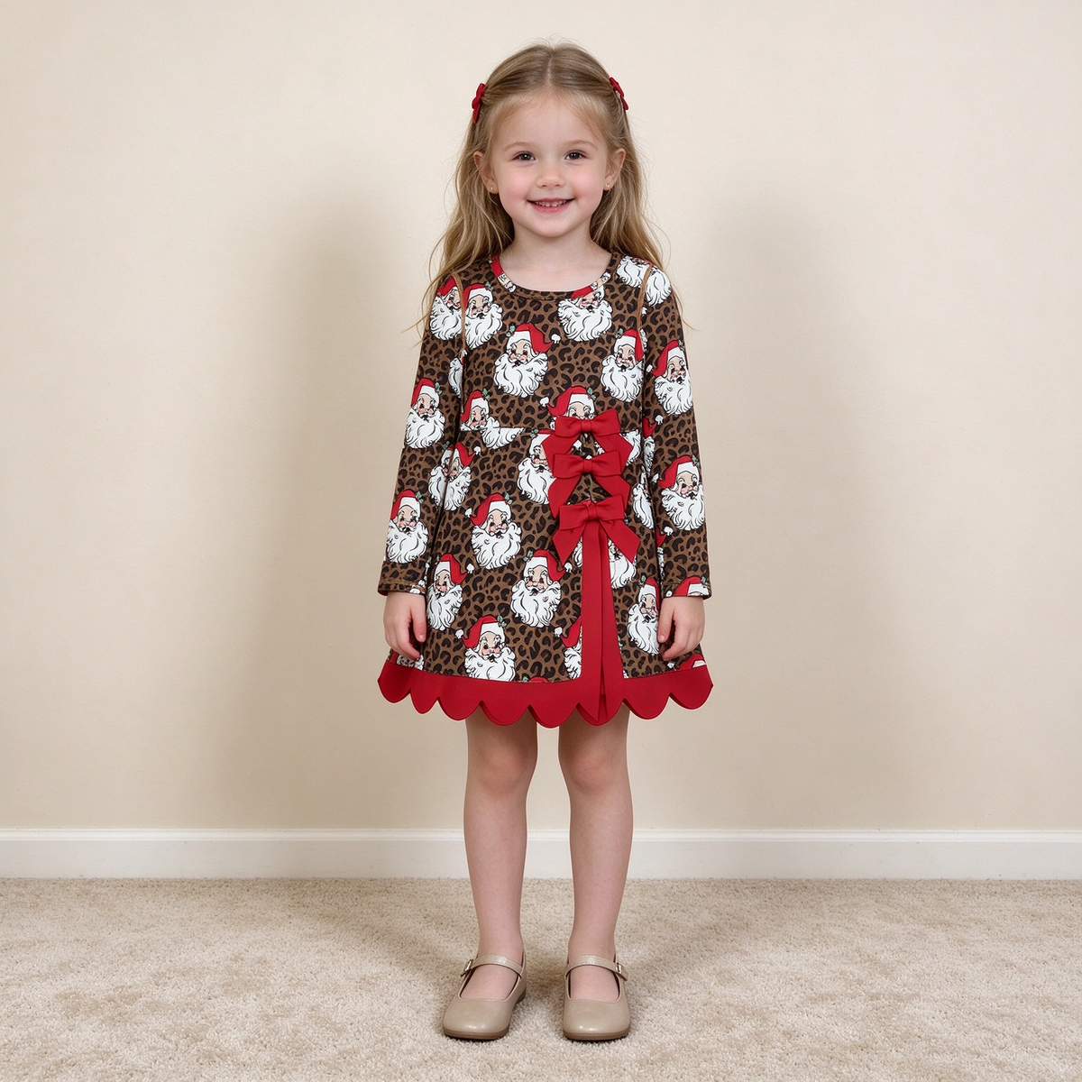 NEW RTS NO MOQ yoga fabric GLD1679 Baby Girls Leopard Santa Christmas Bows Scallop Yoga Active Knee Length Dress
