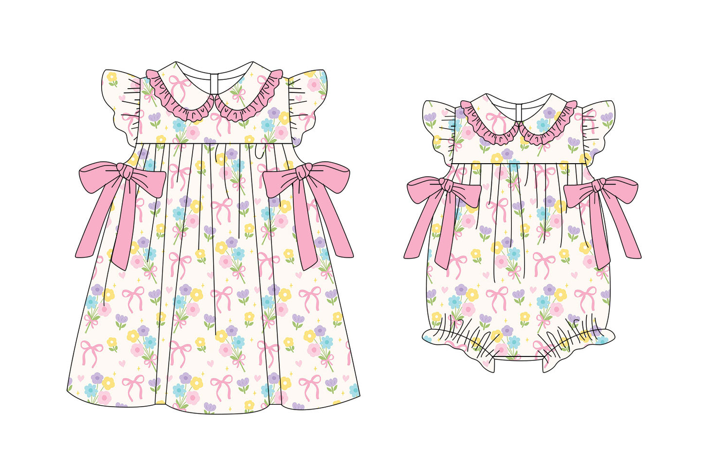 25.11.8 custom each style moq 5 eta 6-8week Sibling Sister bow floral baby short sleeve romper and dress match design