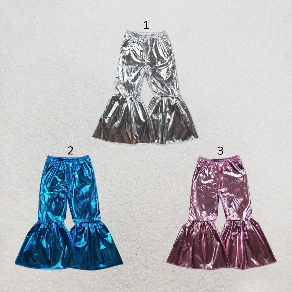 RTS NO MOQ Sibling cotton Baby Girls' Solid Color Holographic Spandex Bell Bottom Pants