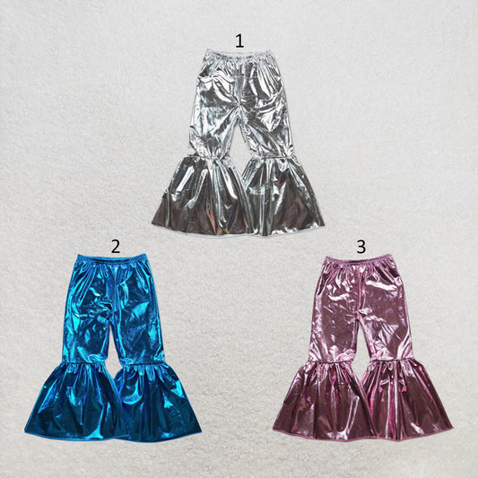 RTS NO MOQ Sibling cotton Baby Girls' Solid Color Holographic Spandex Bell Bottom Pants