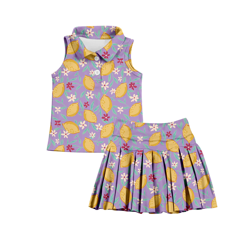 7.2 custom each style moq 5eta 4-6week lemon floral purple baby girls clothes Yoga Wear girls sets and sleeveless dress
