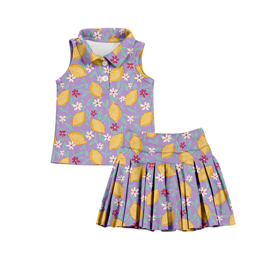 7.2 custom each style moq 5eta 4-6week lemon floral purple baby girls clothes Yoga Wear girls sets and sleeveless dress