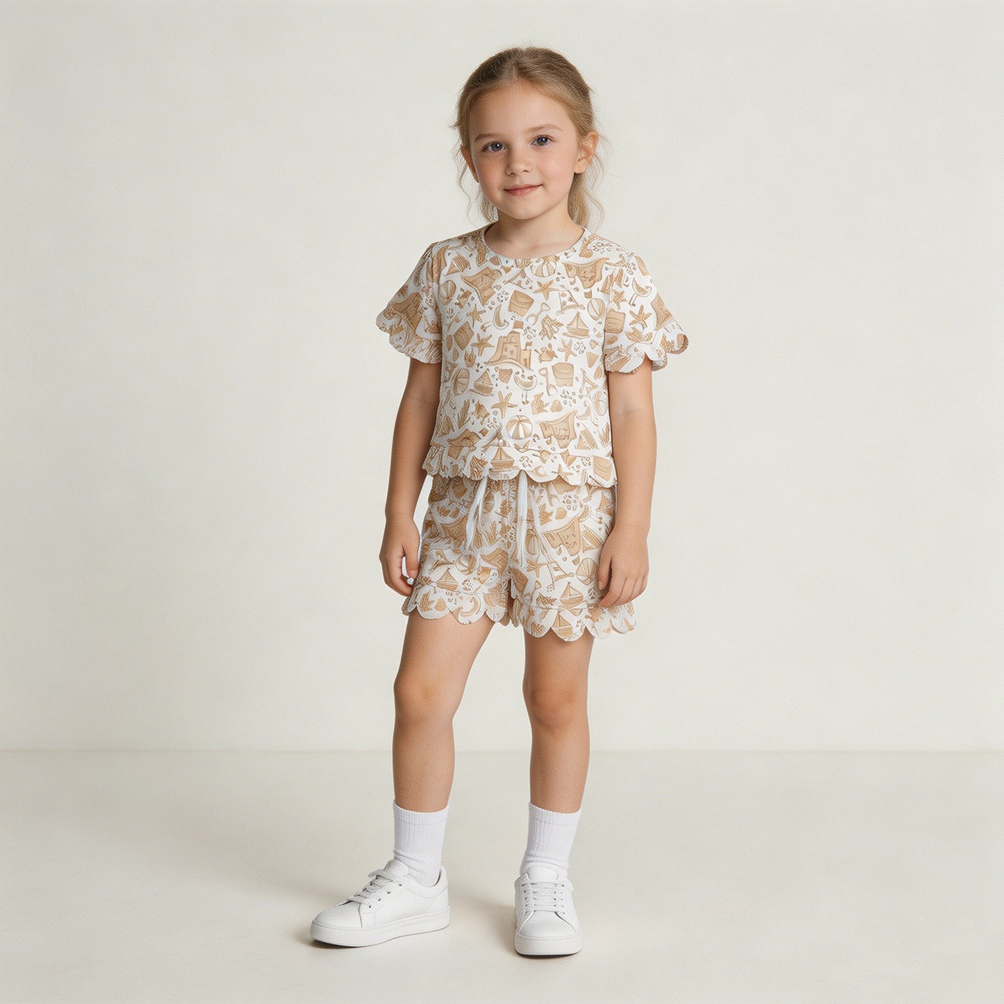 RTS NO MOQ milk silk GSSO3728 Baby Girls Cute Ocean Starfish Printed Top And Scallop Shorts Casual Clothes Set