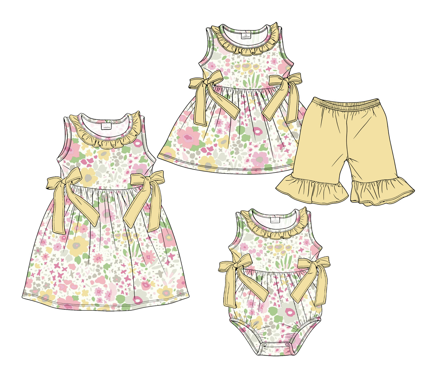 3.18 Custom moq 5 mix size Sibling Baby Girl's Yellow Flowers Sleeveless Tunic Ruffle Shorts Set Cute Romper Dress for Summer