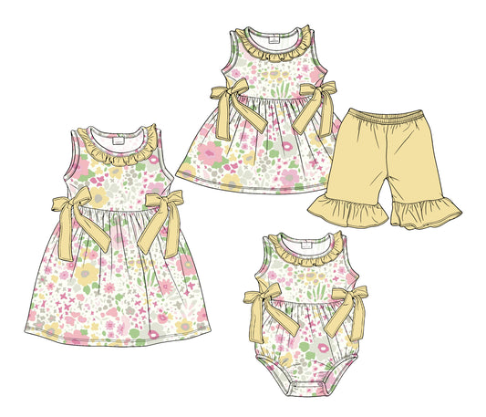 3.18 Custom moq 5 mix size Sibling Baby Girl's Yellow Flowers Sleeveless Tunic Ruffle Shorts Set Cute Romper Dress for Summer