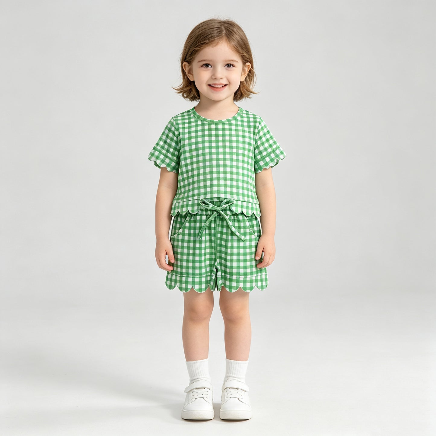 NEW RTS NO MOQ milk silk GSSO3840 Baby Girls Green Check Shirt Top Elastic Scallop Shorts Set