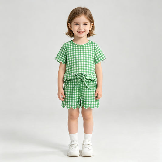 NEW RTS NO MOQ milk silk GSSO3840 Baby Girls Green Check Shirt Top Elastic Scallop Shorts Set