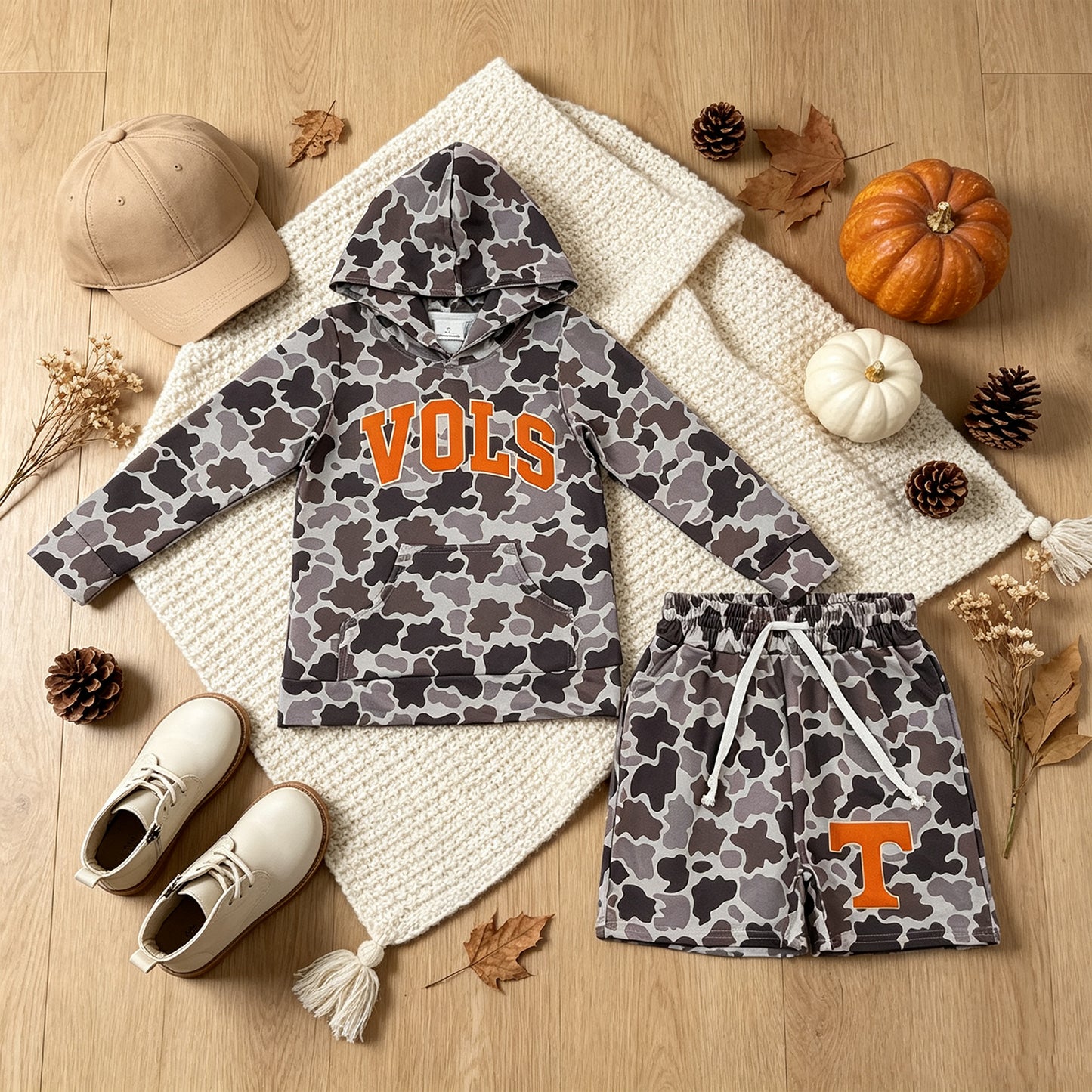 NEW RTS NO MOQ milk silk BLS0049 Baby Boys Camo Letter Print Long Sleeve Hoodie Tops Shorts Team Set