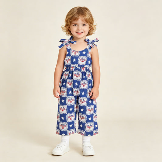 RTS NO MOQ milk silk SR3875 Baby Girls Checked Stars Flags Strap Bow Casual 4th of July Jumpsuits