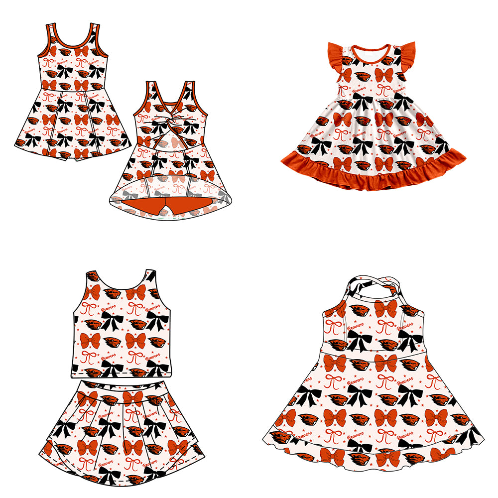 Custom moq 5 mix size milk silk summer teams baby girls clothes team bow orange sleeveless skirts sets and dress 1 and dress 2 and dress 3-25.6.24